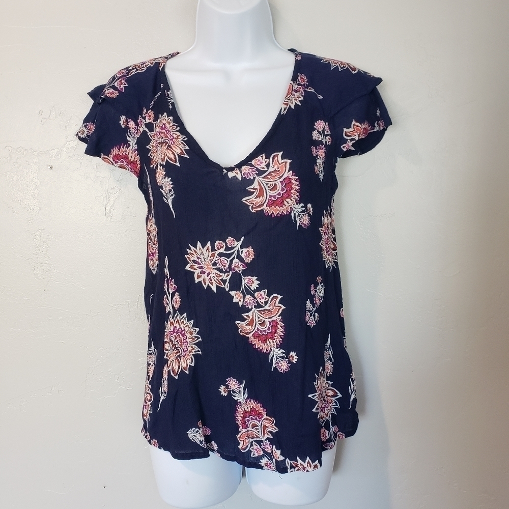 Old Navy Blue Floral Ruffle Sleeve V-neck Blouse